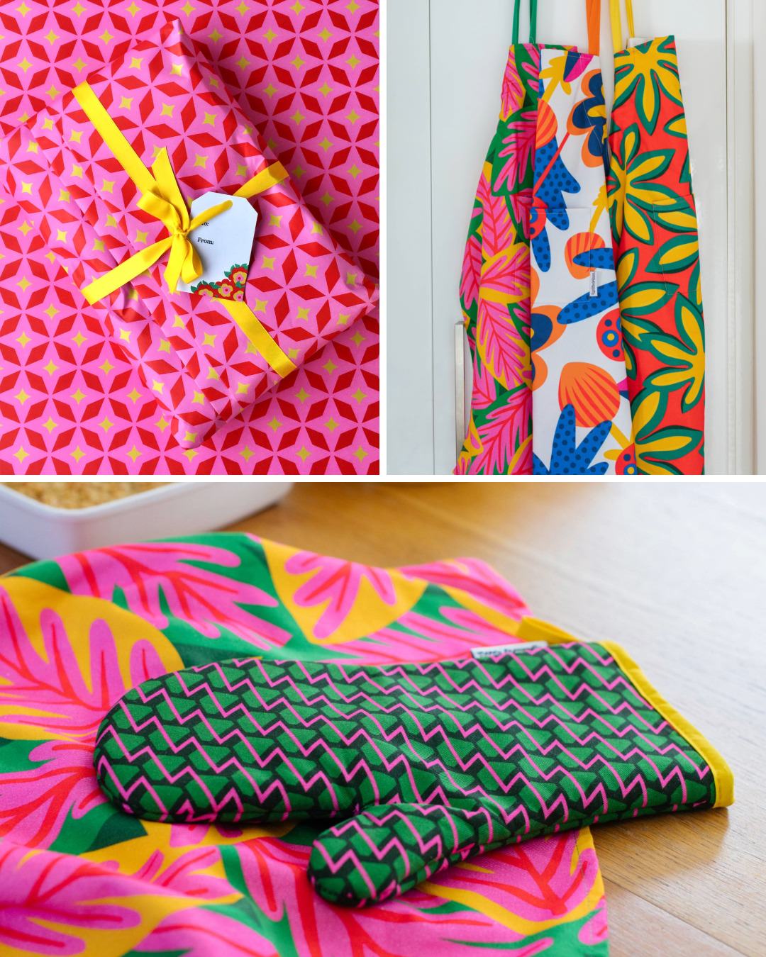 Collage of colourful Republic of Happy gifts: a wrapped present, three vibrant aprons hanging, and an oven glove on top of a tea towel on a table