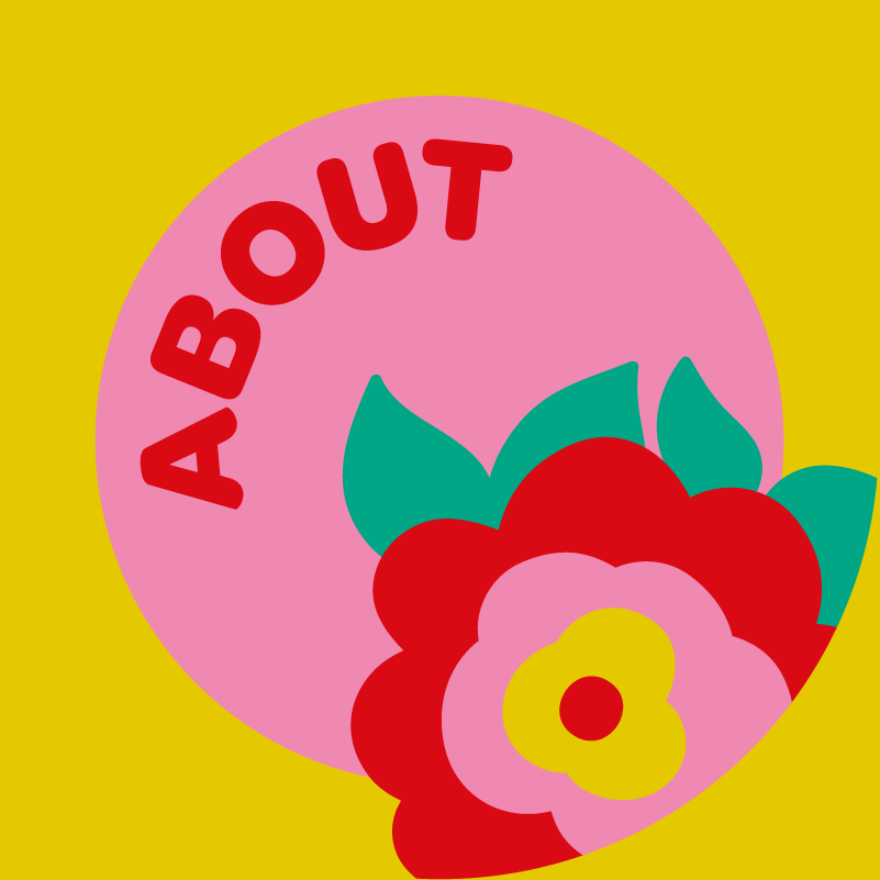 Republic of Happy colourful About button with a graphic bright flower