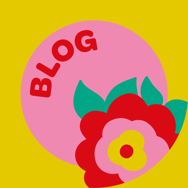 Republic of Happy colourful Blog button with a graphic bright flower
