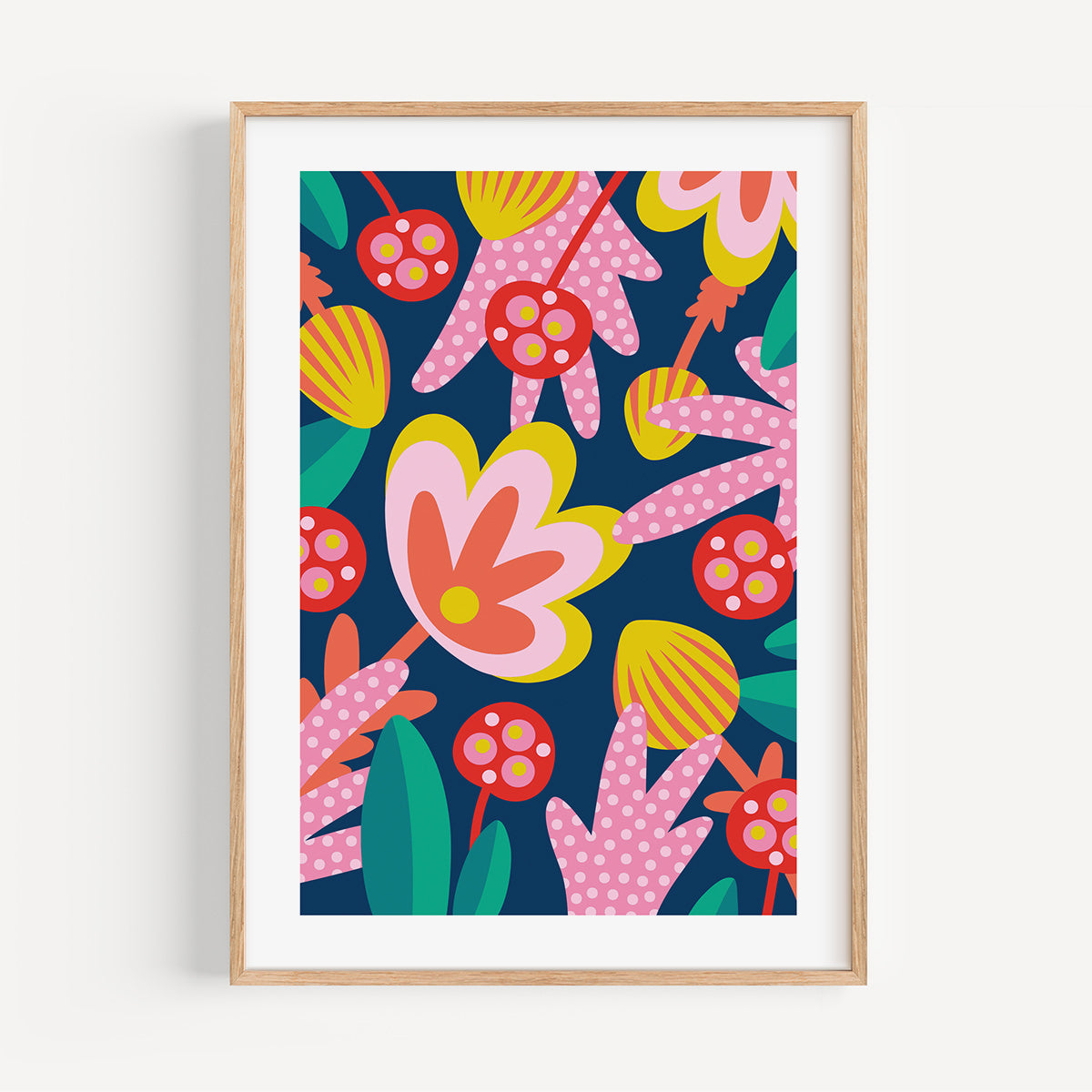 Alien Jungle colourful botanical art print, A4 size, multicoloured illustration, in a wood frame