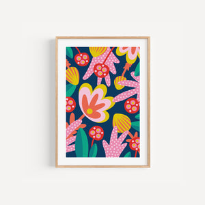 Alien Jungle colourful botanical art print, A5 size, multicoloured illustration, in a wood frame