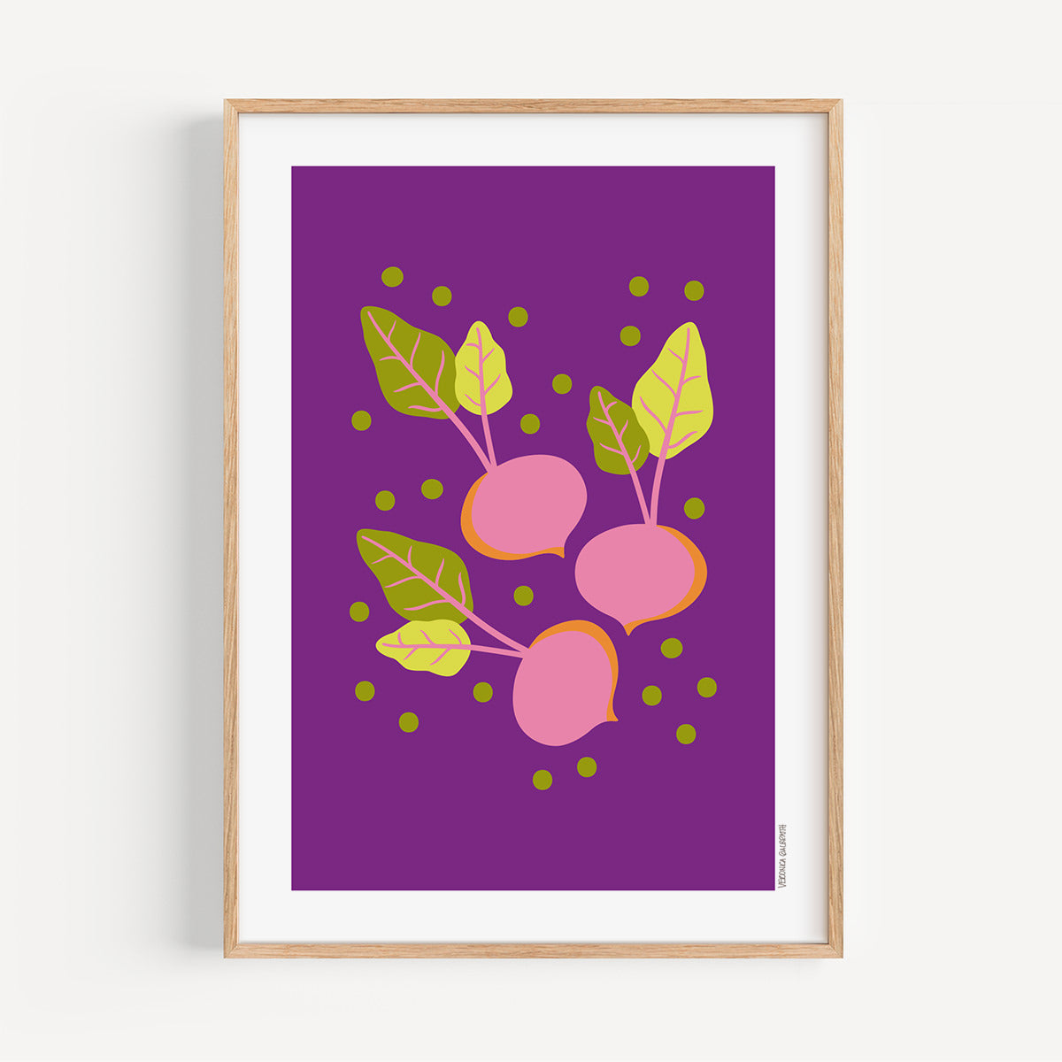 Beetroots colourful kitchen art print, A4 size, illustration on a purple background, in a wood frame
