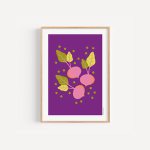 Beetroots colourful kitchen art print, A5 size, illustration on a purple background, in a wood frame