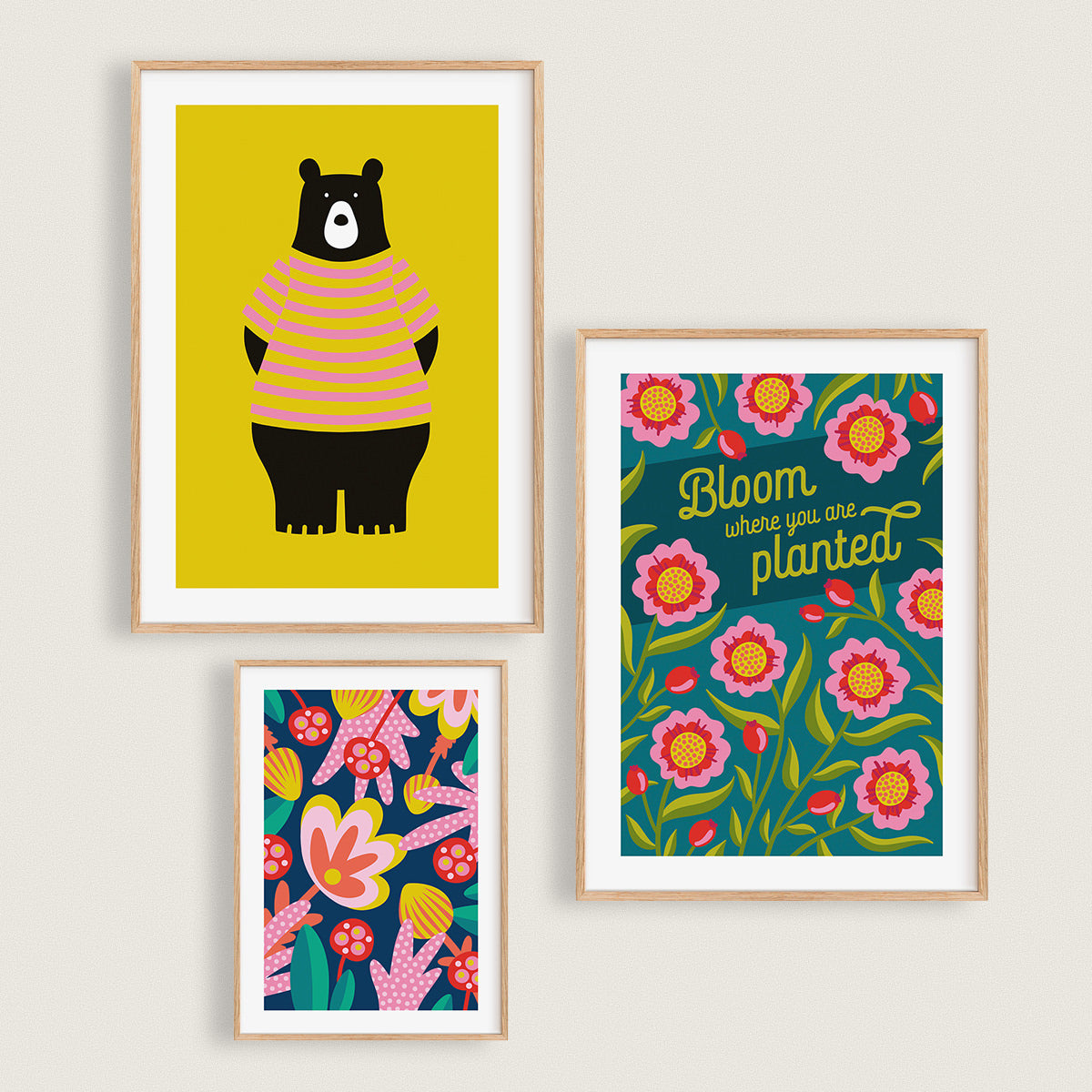 Radishes, Carrots and Beetroots colourful kitchen art prints, framed in wood frames as a set of 3