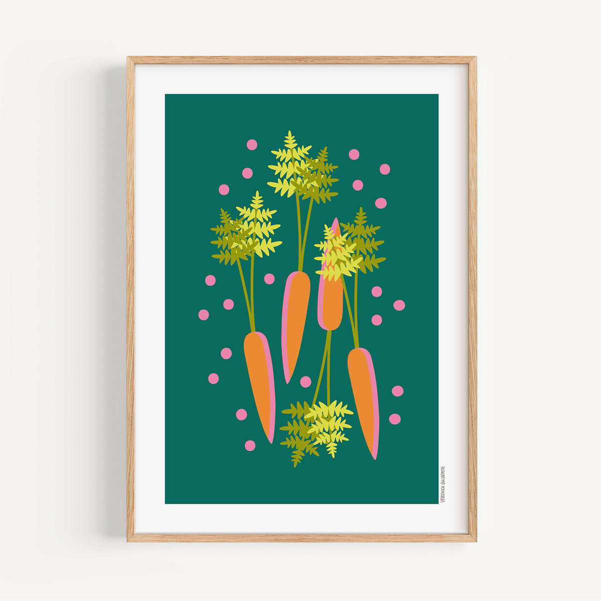 Carrots colourful kitchen art print, A4 size, illustration on a green background, in a wood frame