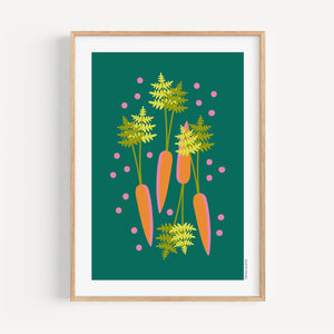 Carrots colourful kitchen art print, A4 size, illustration on a green background, in a wood frame