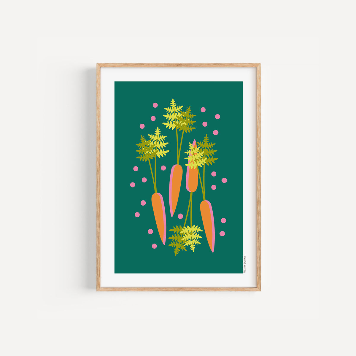 Carrots colourful kitchen art print, A4 size, illustration on a green background, in a wood frame