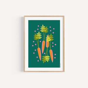 Carrots colourful kitchen art print, A5 size, illustration on a green background, in a wood frame