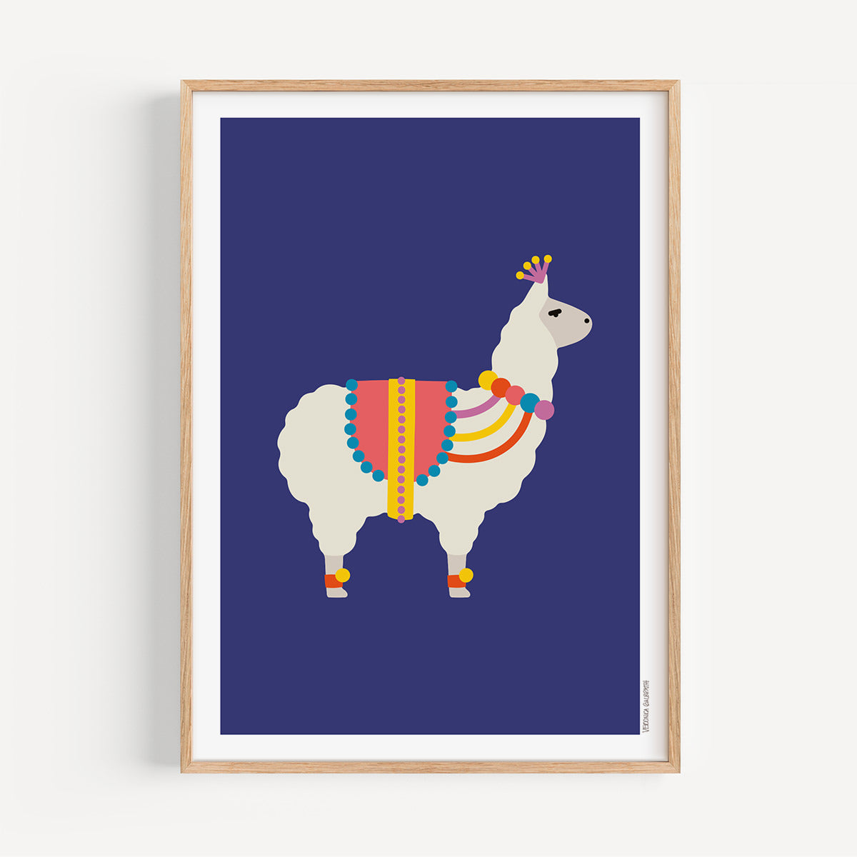 Festival Llama colourful nursery art print, A4 size, illustration on a blue background, in a wood frame
