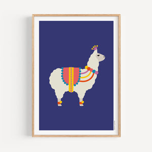 Festival Llama colourful nursery art print, A4 size, illustration on a blue background, in a wood frame