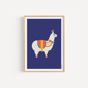 Festival Llama colourful nursery art print, A5 size, illustration on a blue background, in a wood frame