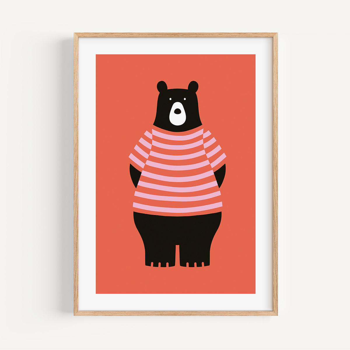 Orange Bear colourful nursery art print, A4 size, illustration on an orange background, in a wood frame