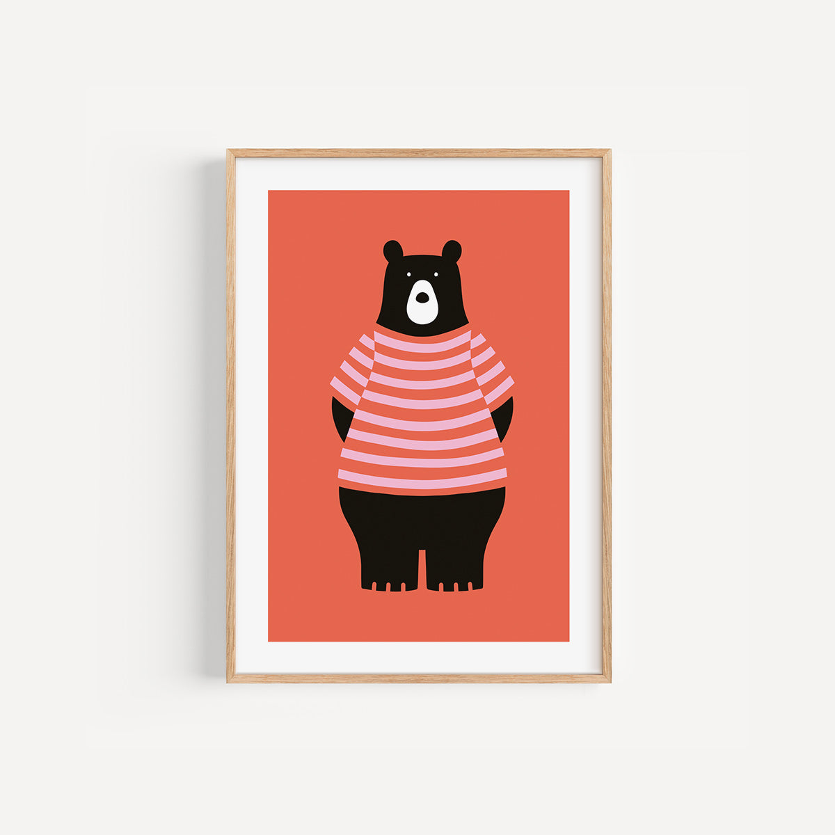 Orange Bear colourful nursery art print, A4 size, illustration on an orange background, in a wood frame