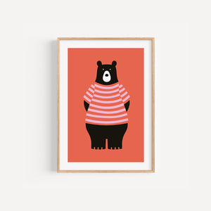 Orange Bear colourful nursery art print, A5 size, illustration on an orange background, in a wood frame