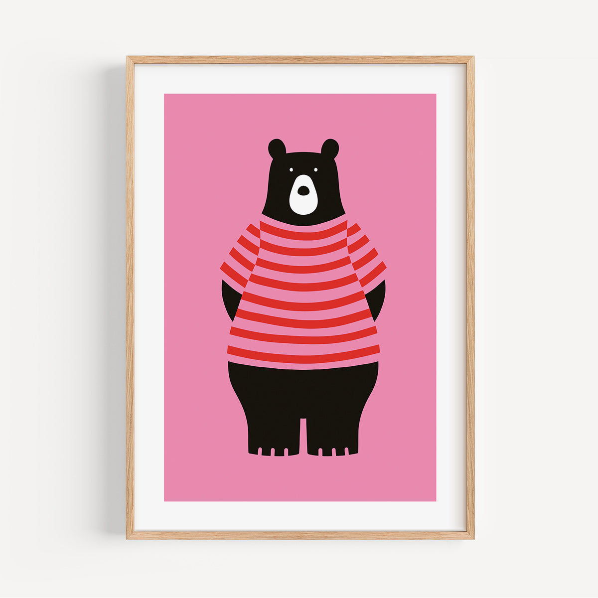 Pink Bear colourful nursery art print, A4 size, illustration on a pink background, in a wood frame