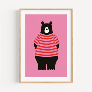 Pink Bear colourful nursery art print, A4 size, illustration on a pink background, in a wood frame