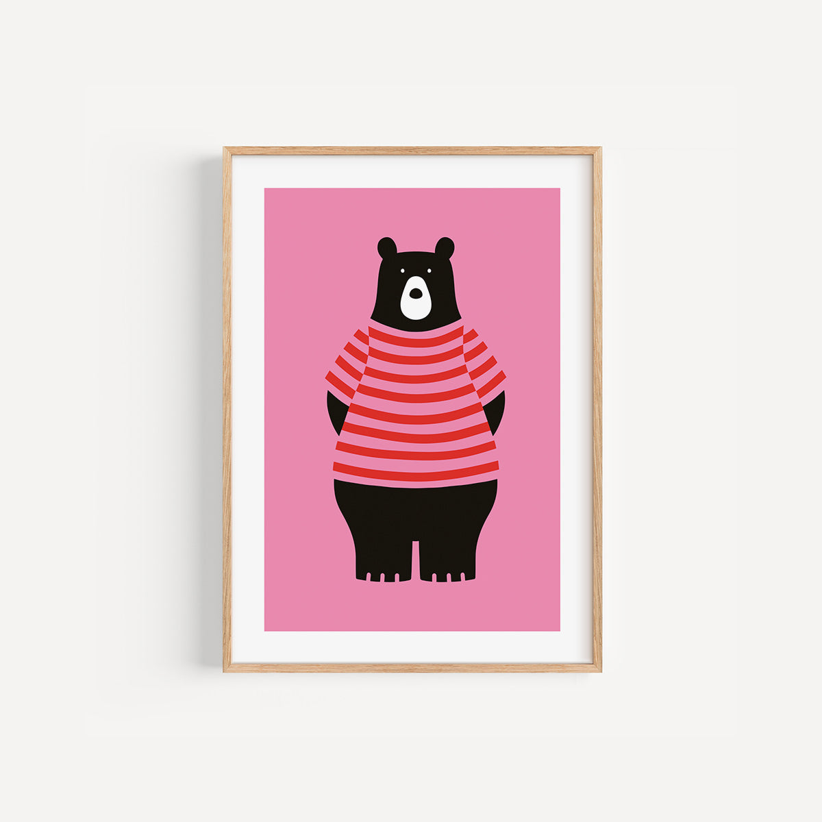 Pink Bear colourful nursery art print, A4 size, illustration on a pink background, in a wood frame