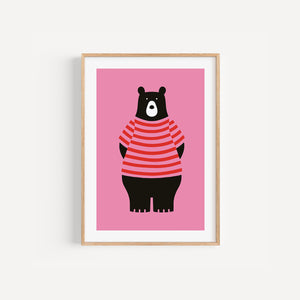 Pink Bear colourful nursery art print, A5 size, illustration on a pink background, in a wood frame