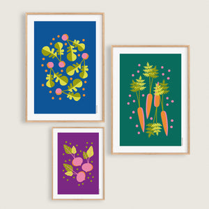 Radishes, Carrots and Beetroots colourful kitchen art prints, framed in wood frames as a set of 3