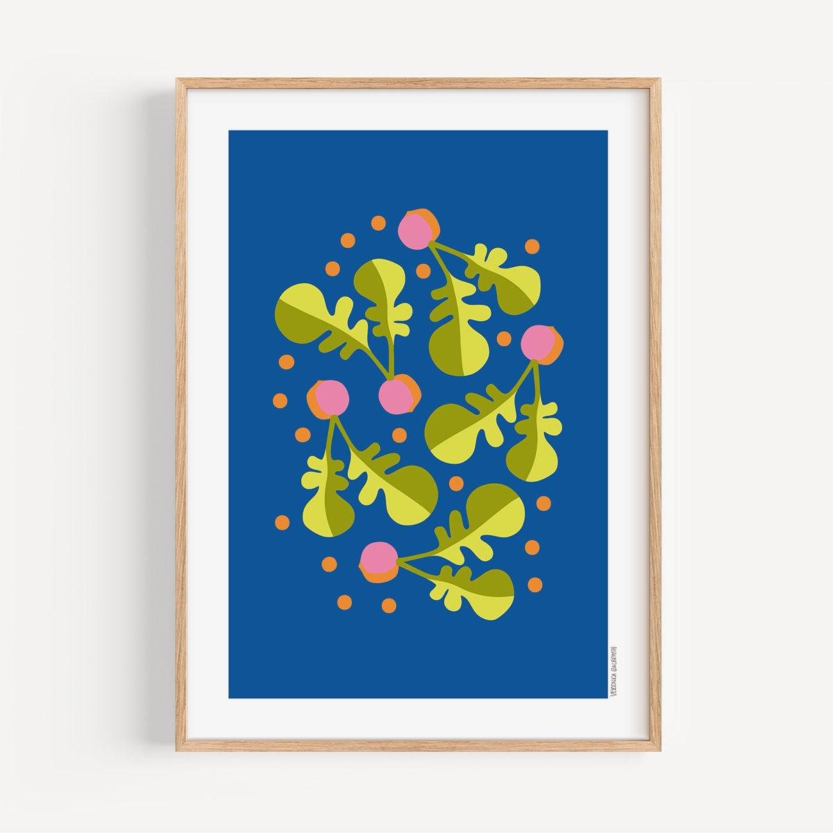 Radishes colourful kitchen art print, A4 size, illustration on a blue background, in a wood frame