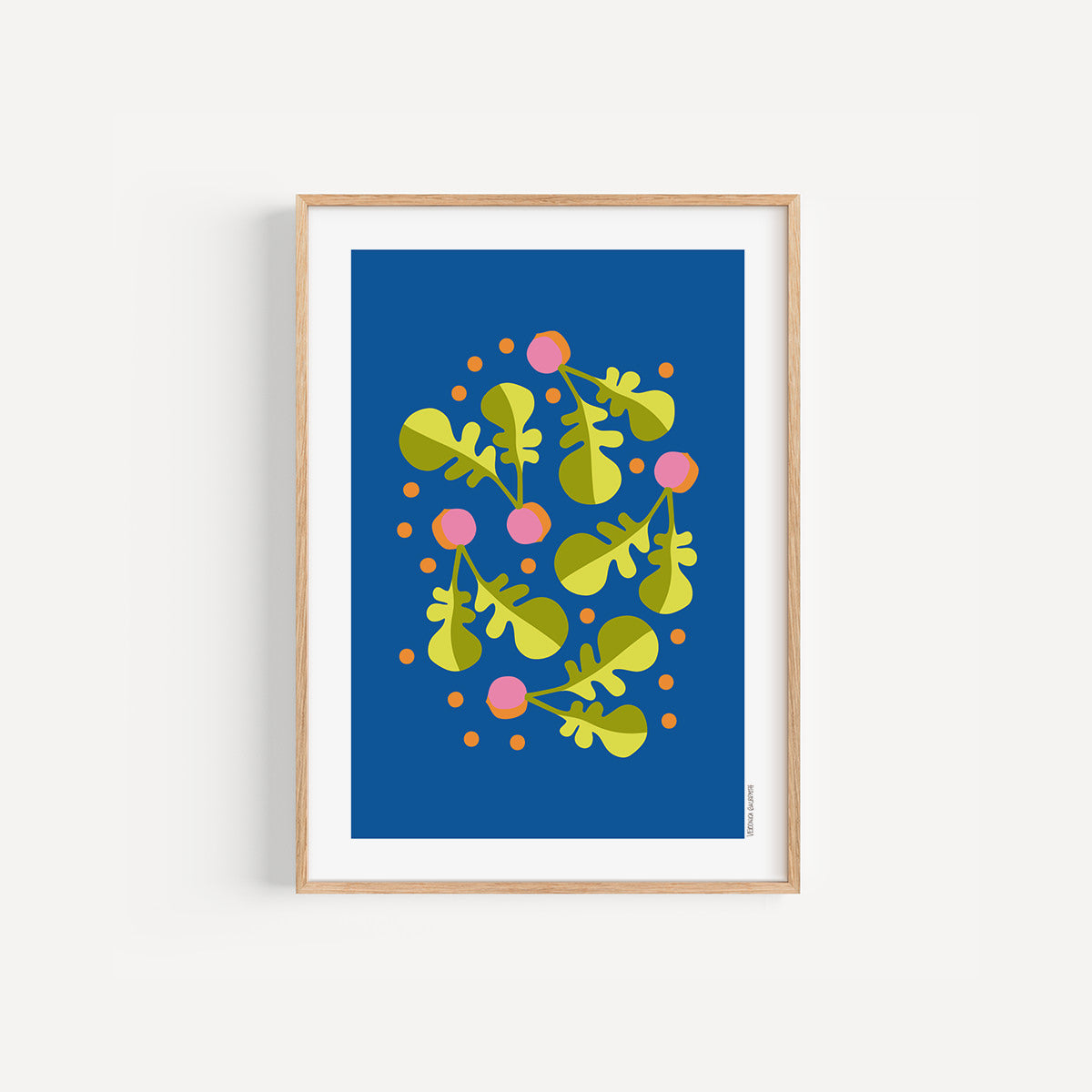 Radishes colourful kitchen art print, A4 size, illustration on a blue background, in a wood frame