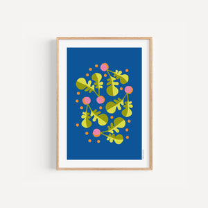 Radishes colourful kitchen art print, A5 size, illustration on a blue background, in a wood frame