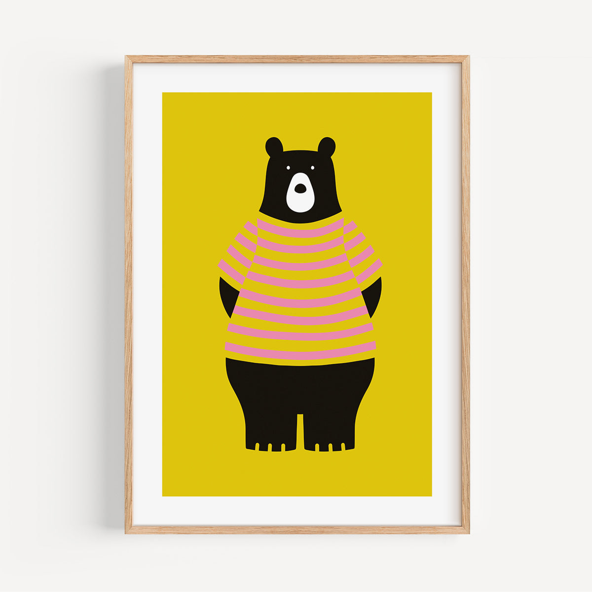 Yellow Bear colourful nursery art print, A4 size, illustration on a yellow background, in a wood frame