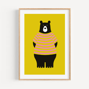Yellow Bear colourful nursery art print, A4 size, illustration on a yellow background, in a wood frame