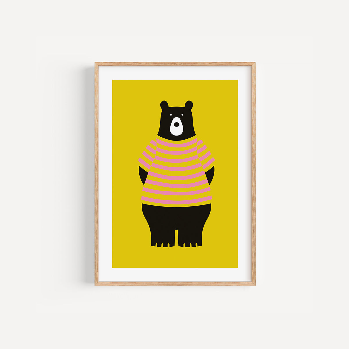 Yellow Bear colourful nursery art print, A4 size, illustration on a yellow background, in a wood frame
