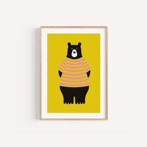 Yellow Bear colourful nursery art print, A5 size, illustration on a yellow background, in a wood frame