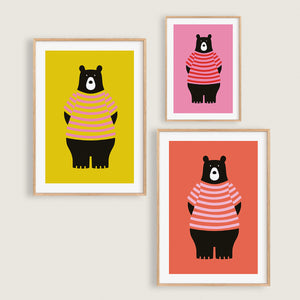 Yellow Bear, Pink Bear and Orange Bear colourful nursery art prints, framed in wood frames as a set of 3